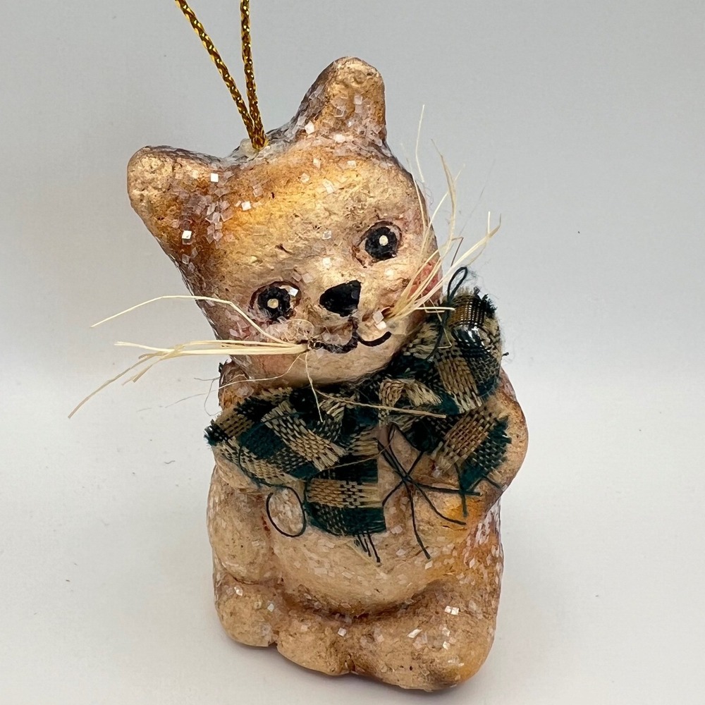 Sugared Cat in Scarf Ornament Mixed Media 3 inches 3D Whiskers Cottagecore